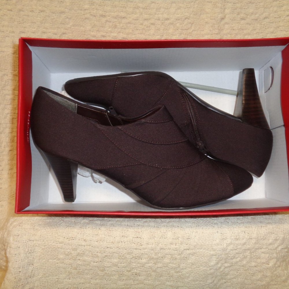 Chocolate brown dressy shoes with draped styling and side zip by IMPO  3" heel